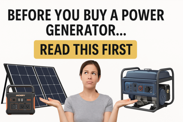 Woman comparing solar generator and gas generator with text: “Before You Buy a Power Generator… Read This First