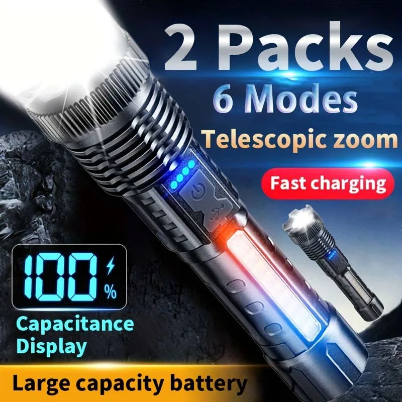 2pcs Rechargeable Zoomable Super Bright Flashlight for Emergency Power Outage, for Outdoor Camping, Hurricane 2pcs Rechargeable Zoomable Super Bright Flashlight for Emergency Power Outage, for Outdoor Camping, Hurricane